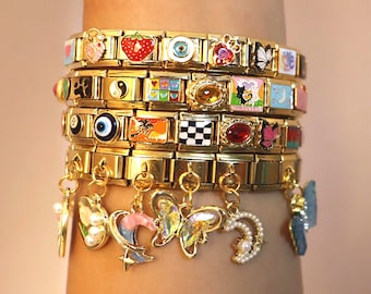 Gold Italian Bracelet, Gold Italy Charms gift for her Christmas ,Y2K Jewelry, Halloween Evil Eye Charms