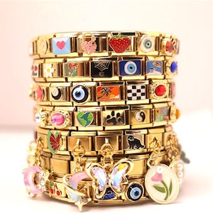 Italian Charm Bracelet Gold, Personalized Italy Bracelet, Evil Eye Jewelry, Dainty Y2K Bracelet for Women, Mothers Day Gift for Mom