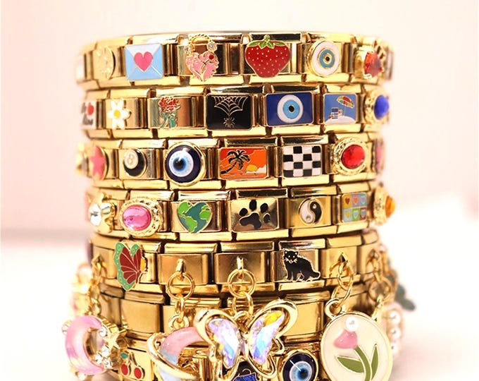 Italian Charm Bracelet Gold, Personalized Italy Bracelet, Evil Eye Jewelry, Dainty Y2K Bracelet for Women, Mothers Day Gift for Mom