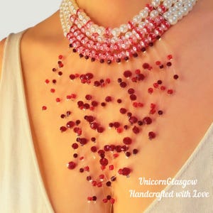 Gothic Blood Drop Pearl Choker – Vampire Necklace, Horror Jewelry, Red Bead Gothic Pearl Choker, Dark Aesthetic Statement Necklace