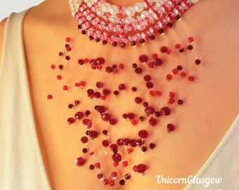 Gargantilla gótica de perlas con forma de gota de sangre – Collar de vampiro, joyería de terror, gargantilla gótica de perlas con cuentas rojas, collar llamativo de estética oscura