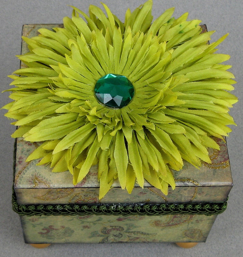 Green Paisley Decoupaged Flower Decorative Small Box Jewelry Keepsake Trinket image 1