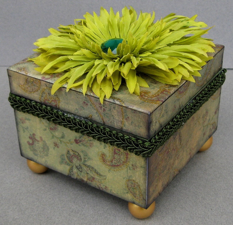 Green Paisley Decoupaged Flower Decorative Small Box Jewelry Keepsake Trinket image 2