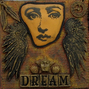 Face Dream Steampunk Mixed Media Altered Art Decorative Dimensional Small Canvas Hanging Keepsake image 2