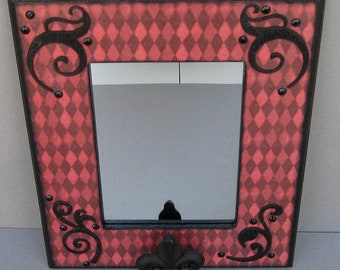 Harlequin Gothic Red Decor Art Handcrafted Decoupaged Collage Mirror Frame