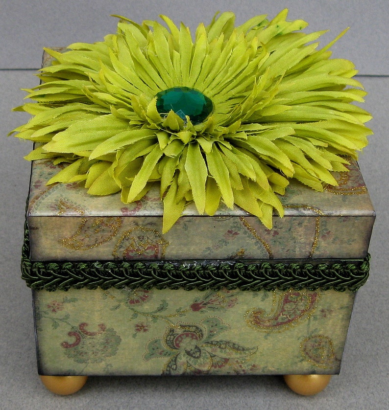 Green Paisley Decoupaged Flower Decorative Small Box Jewelry Keepsake Trinket image 6