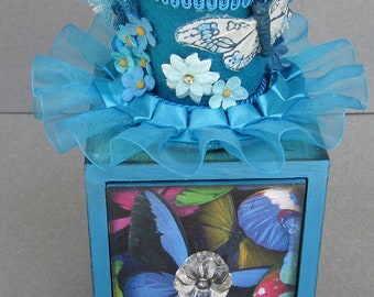 Blue Butterfly Decorative Hat Drawer Box Mixed Media Flowers