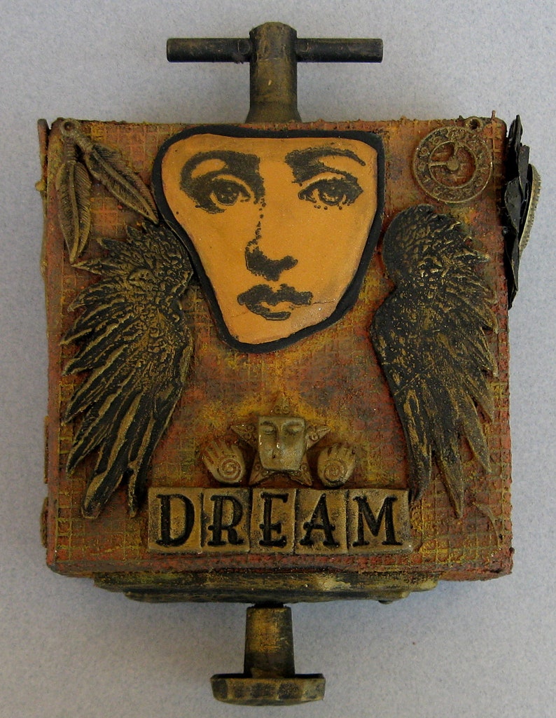 Face Dream Steampunk Mixed Media Altered Art Decorative Dimensional Small Canvas Hanging Keepsake image 1