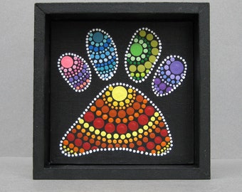 Recycled Shadow Box Frame Dot Mandala Paw Print Canvas Colorful Artwork