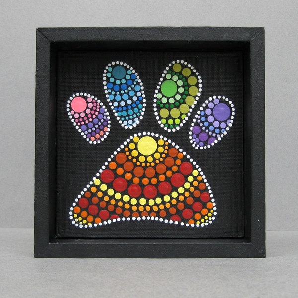 Recycled Shadow Box Frame Dot Mandala Paw Print Canvas Colorful Artwork