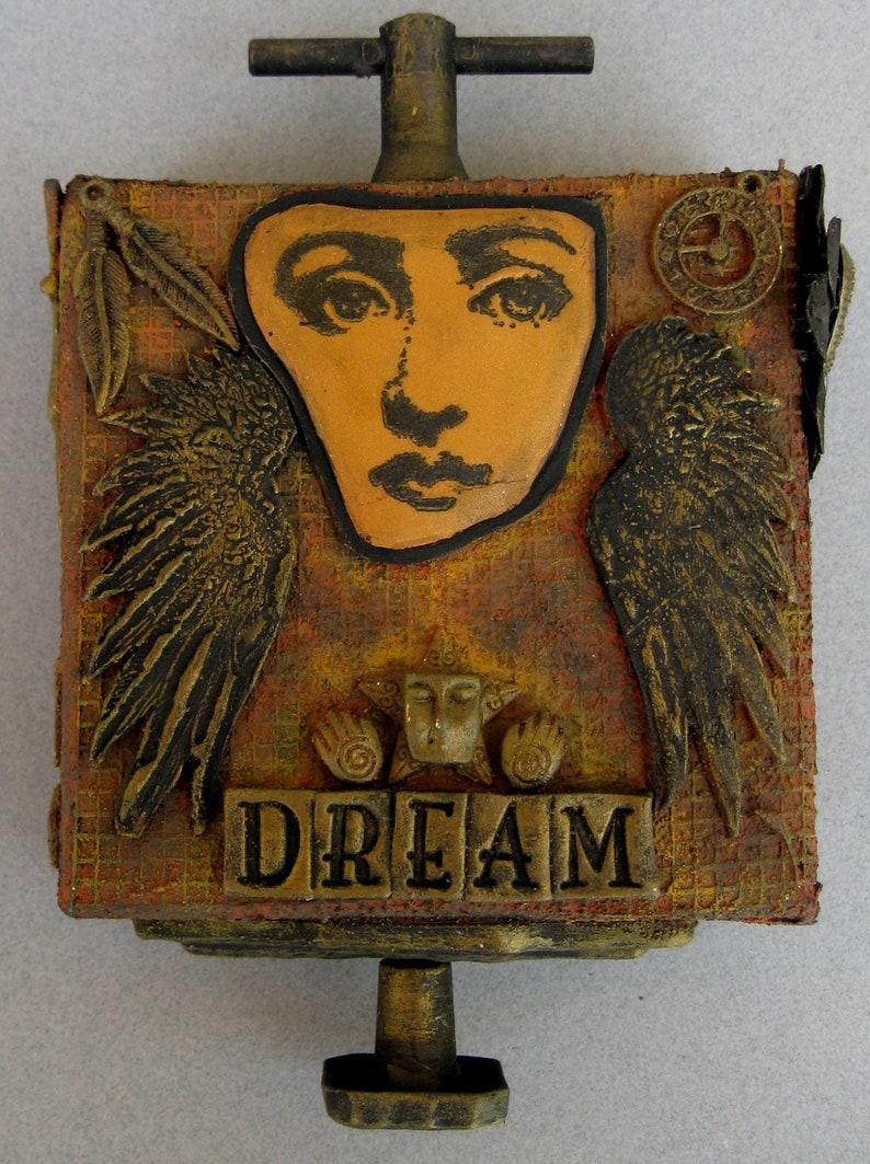 Face Dream Steampunk Mixed Media Altered Art Decorative Dimensional Small Canvas Hanging Keepsake image 3