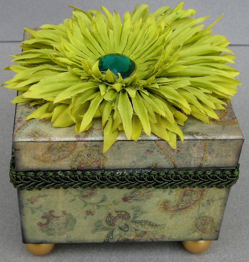 Green Paisley Decoupaged Flower Decorative Small Box Jewelry Keepsake Trinket image 4