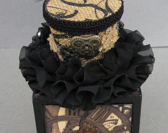 Steampunk Decorative Trinket Keepsake Hat Drawer Box Mixed Media Flowers