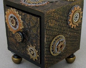 Steampunk Industrial III Decorative Altered Art Mixed Media Keepsake Cube Box