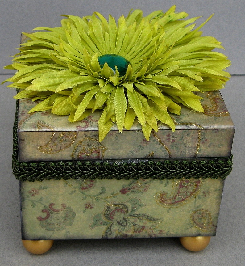 Green Paisley Decoupaged Flower Decorative Small Box Jewelry Keepsake Trinket image 8