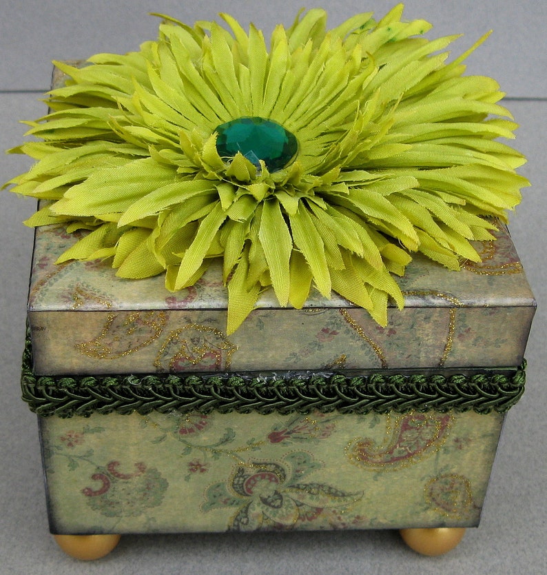 Green Paisley Decoupaged Flower Decorative Small Box Jewelry Keepsake Trinket image 5