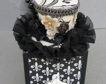 Black and White Fancy Harlequin Decorative Trinket Keepsake Hat Drawer Box Mixed Media Flowers