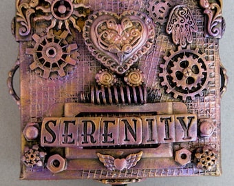 Serenity Steampunk Mixed Media Altered Art Decorative Dimensional Small Canvas Hanging Keepsake