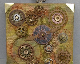 Steampunk Industrial Gears Clock Parts Abstract Mixed Media Art Wall Hanging Victorian