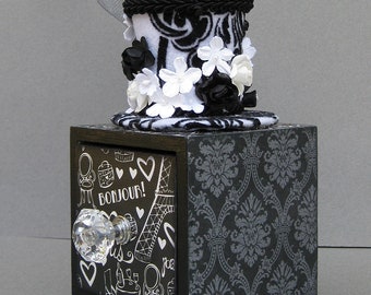 Black and White Paris Decorative Trinket Keepsake Hat Drawer Box Mixed Media Flowers