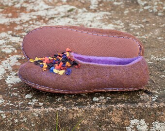 Boho Felted Flat Shoes, Wool and Alpaca Slippers with Hand Stitched Indian Sari Silk Ribbons by BureBure