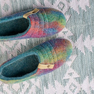 Felted natural wool women slippers Slip on low back slippers Bright Poppy Red Rainbow slippers with soles image 4