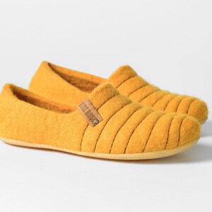 Felted wool BEE Slippers for women with sturdy stitching on surface, Bright Yellow woolen clogs, boiled wool house shoes gift for her image 3