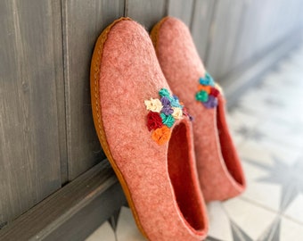 Boiled wool and alpaca slippers for ladies with silk sari ribbons, mothers day gift