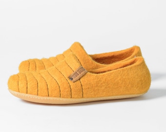 Felted wool BEE Slippers for women with sturdy stitching on surface, Bright Yellow woolen clogs, boiled wool house shoes - gift for her
