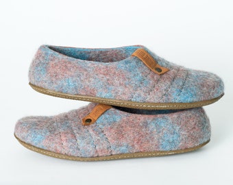 Women Wool slippers COCOON with sturdy stitching on surface , Light Turquoise and Rosewood by BureBure, felted wool slippers