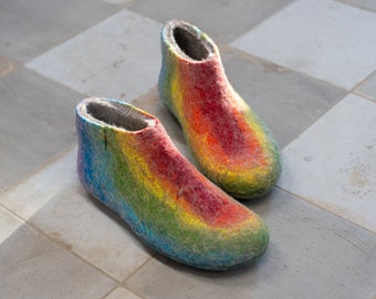 Ready to ship - natural felted wool women's boot slippers with leather sole - indoors warm lightweight slippers - rainbow color