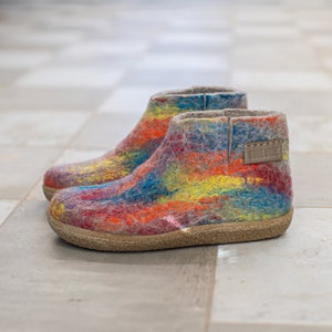 Rainbow felted wool women's boots with durable rubber soles - boiled wool valenki - warm wool felt booties slippers