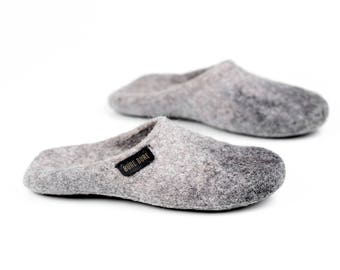 May include: A pair of gray wool slippers with a gradient color effect. The slippers have a black label with the text "Bure Bure" on the top.