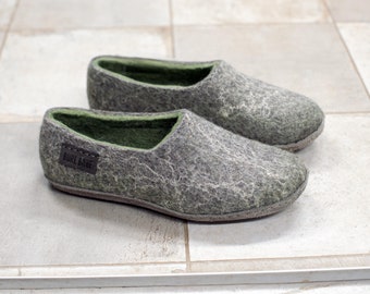 Felted wool slippers for women Gray Green hygge natural felt boiled wool clogs slippers - Woodland