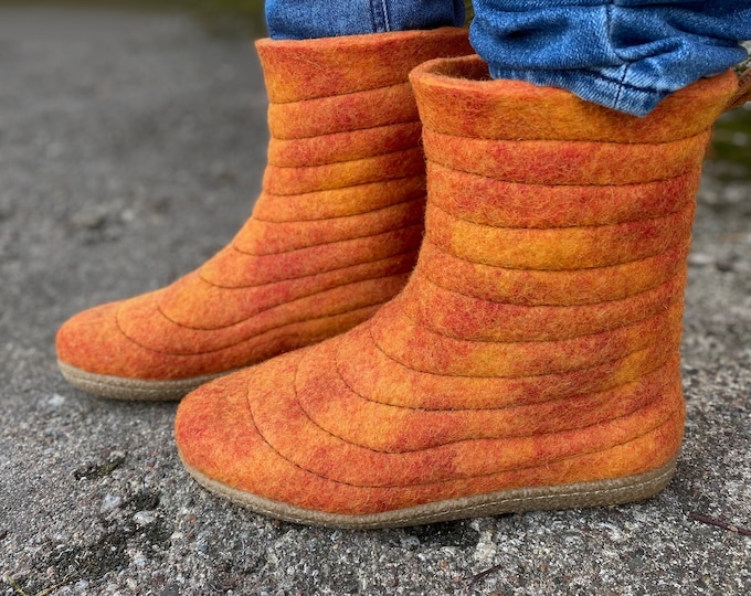 Orange slippers boots for her with sturdy stitching on surface and pull loop - BureBure WooBoots