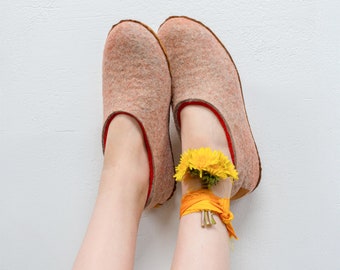 Alpaca wool felted women slippers with orange inner layer, Hygge gift, Women flat slippers, Warm home shoes