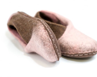 Women Wool Slippers - BureBure Envelope Felted Slippers For Women, Chocolate Brown Pale Pink, Warm Gift for Her, Bedroom Slippers