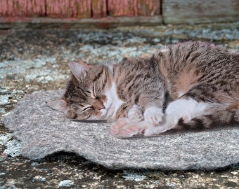 Felted Wool Cat Mat, Grey Rug for Cat, Cat Liner, Cat Furniture, Hygge Interior Decor, Cat Lover Gift Idea, Cat Bed, Grey Pet Bed