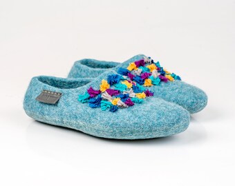 Women wool slippers Blue hand stitched with Indian sari silk ribbons, Gift for her