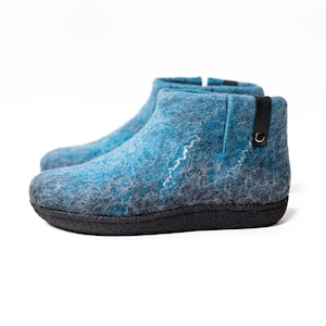Wool Ankle Boot Slippers: Felted Wool, Ocean Wave Design