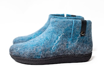 Woolen ankle Womens boots slipper - Breathable felted wool booties - BureBure felt WOOBOOT - Boiled Womens home shoes - Ocean Wave