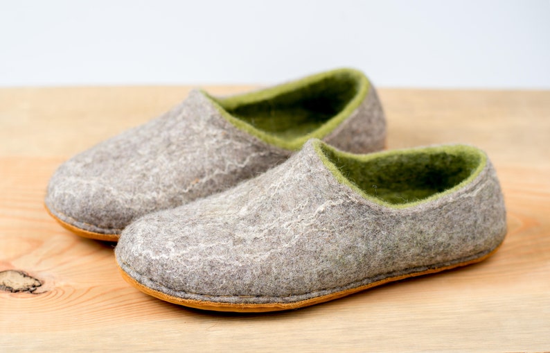 Felted wool slippers for women Gray Green hygge natural felt boiled wool clogs slippers Woodland image 1