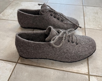 Handmade Felted Wool Slippers for Men, Lace-Up House Shoes Sneaker Style