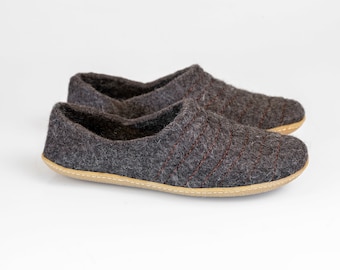 Men felted wool slippers COCOON with sturdy stitching on surface and Leather soles