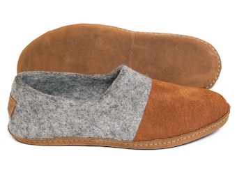 Felted Wool Slippers for Men with Leather Toe Caps - Comfort for Feet - Thermoregulation, Moisture-Wicking - Leather/Rubber Soles