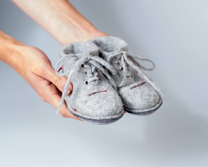 Felted baby booties, Toddler slippers with laces from natural wool, Gray kids booties, Infant slippers, Children slippers, Baby sneakers image 1