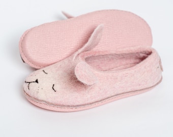 Kids Bunny Felted Wool Slippers with leather soles for Boys and Girls with Leather soles - Handmade in Europe