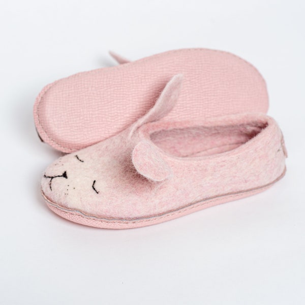 Kids Bunny Felted Wool Slippers with leather soles for Boys and Girls with Leather soles - Handmade in Europe