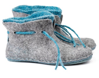 2 layered blue grey wool ankle boots slippers with laces, Women booties slippers BureBure