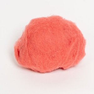 May include: A ball of coral-colored wool roving, ideal for fiber art projects. The wool has a soft, textured appearance and is suitable for needle felting, wet felting, or spinning. The material is a vibrant, solid color.